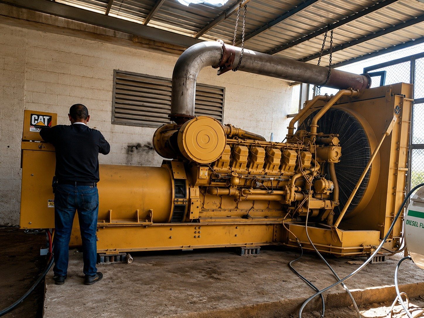 White Dream technician servicing a large CAT diesel generator on-site in Saudi Arabia