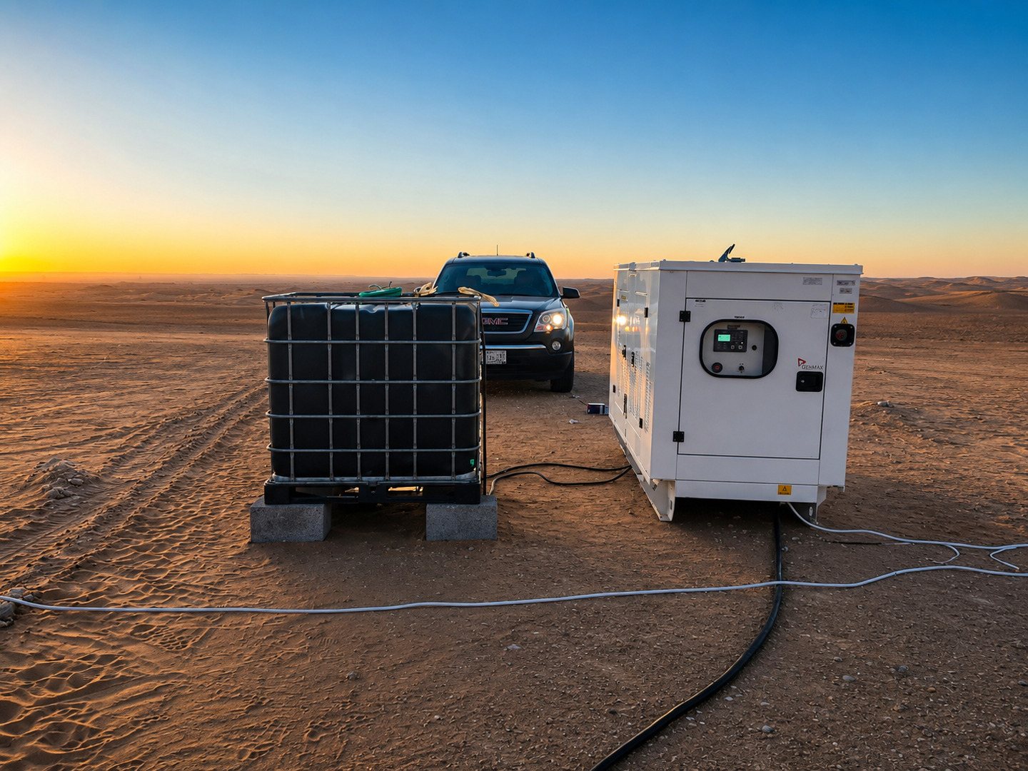 Diesel generator set positioned on a desert project site at sunset