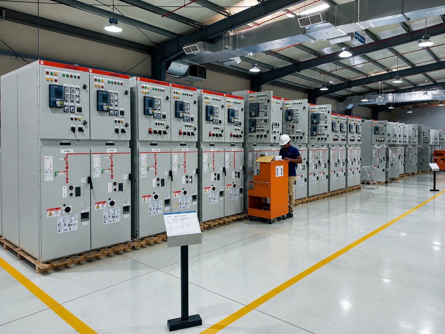 Rows of White Dream manufactured electrical switchgear panels inspected by an engineer in Saudi Arabia
