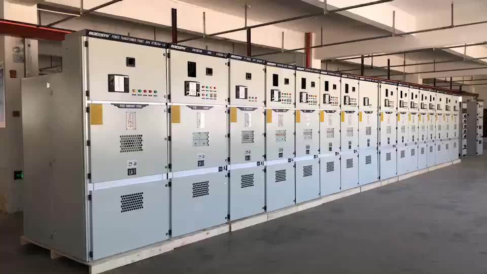 Row of generator control panels and cabling in an electrical plant room