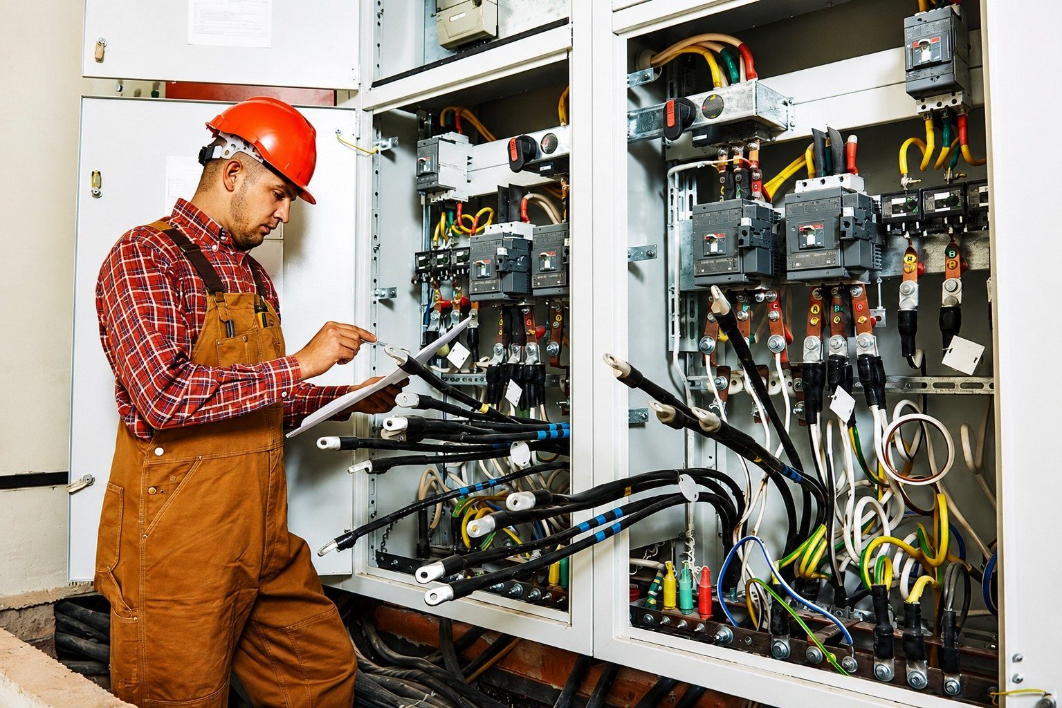 White Dream electrician inspecting a wired distribution panel during electrical installation works