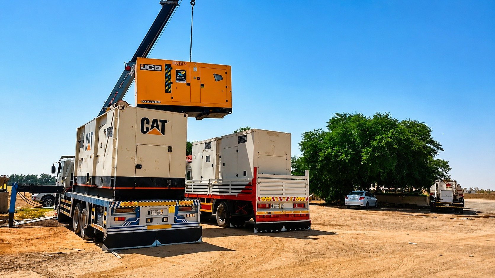White Dream CAT diesel generators loaded by crane for rental delivery in Saudi Arabia