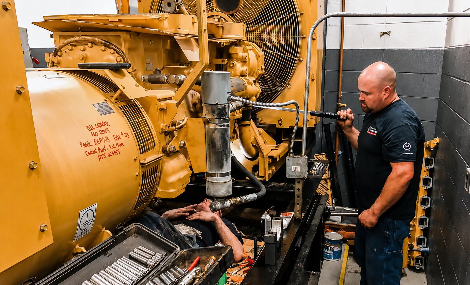 White Dream technician servicing a diesel generator under warranty